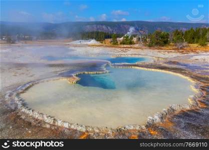 Inspiring natural background. Pools and  geysers  fields  in Yellowstone National Park, USA.
