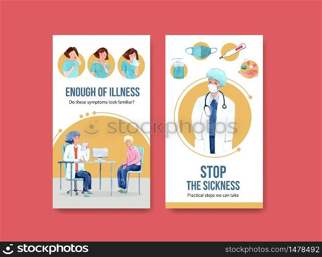 Instagram design illnesses concept with people and doctor characters in hospital watercolor vector illustration