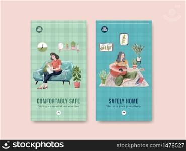 Instagram design stay at home concept with people character and interior room watercolor illustration