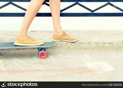 Instagram style image skateboarder feet closeup shot with a lot of copyspace