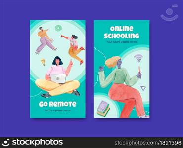 Instagram template with online learning concept design for social media and community watercolor illustration
