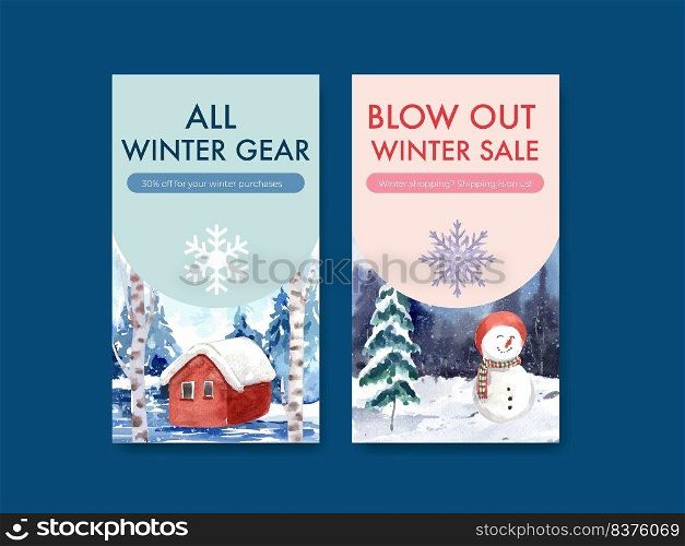 Instagram template with winter sale concept design for social media and community watercolor vector illustration
