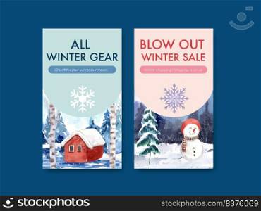 Instagram template with winter sale concept design for social media and community watercolor vector illustration
