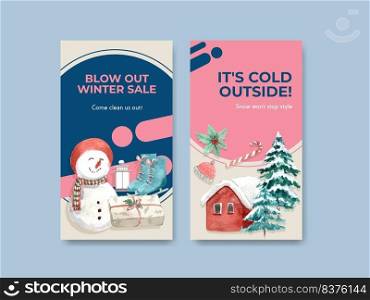 Instagram template with winter sale concept design for social media and community watercolor vector illustration 
