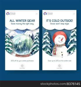 Instagram template with winter sale concept design for social media and community watercolor vector illustration 