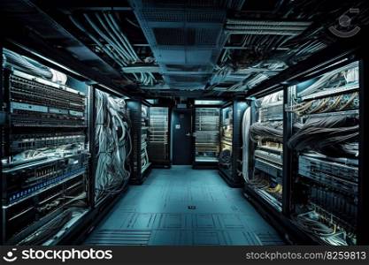 Installation of an IT infrastructure, server room data center, capturing the intricate process, teamwork, and skill required set against an ever-evolving technological backdrop. Generative AI