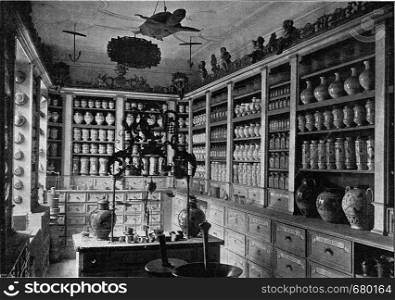 Installation of an old pharmacy in the National Germanic Museum of Nuremberg, vintage engraved illustration. From the Universe and Humanity, 1910.