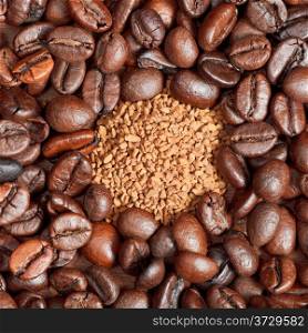 instant coffee and roasted coffee beans close up