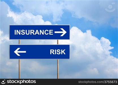 Insurance and risk on blue road sign with blue sky