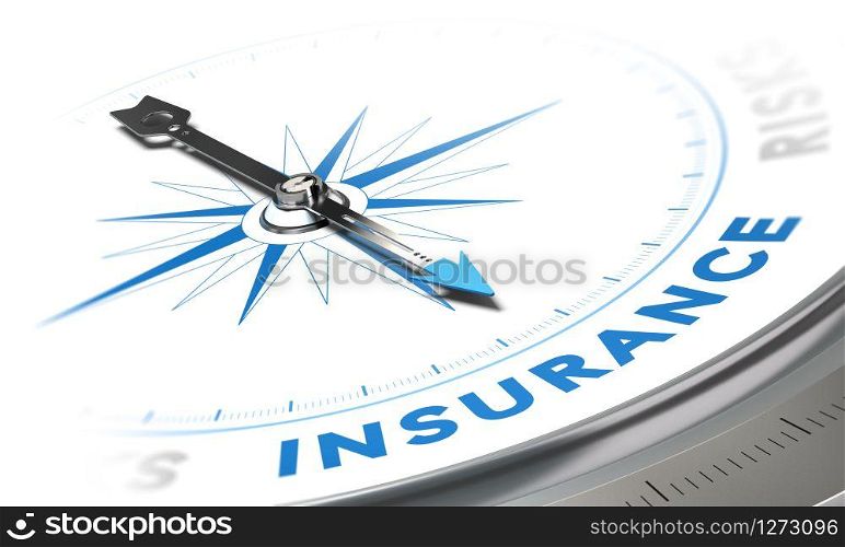 Insurance background concept. Compass needle pointing a blue word, decorative image suitable for left bottom angle of a page.. Insurance Background