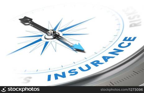 Insurance background concept. Compass needle pointing a blue word, decorative image suitable for left bottom angle of a page.. Insurance Background
