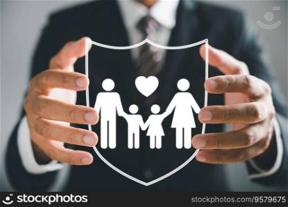 Insurance concept brought to life, Businessman with protective gesture ensures family security, incorporating life, health, and house coverage. Icons emphasize family life insurance and policy concept