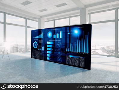 Integration of new technologies. Modern building interior and business virtual panel