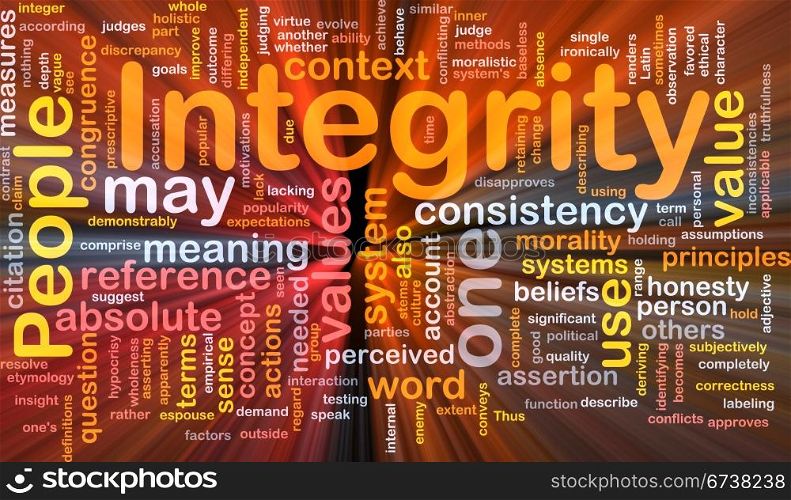 Integrity principles background concept glowing. Background concept wordcloud illustration of integrity principles values glowing light