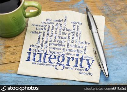 integrity word cloud - handwriting on a napkin with a cup of coffee