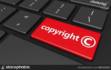 Intellectual property and digital copyright laws conceptual illustration with copyright symbol and icon on a red computer keyboard button.