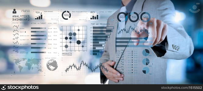 Intelligence (BI) and business analytics (BA) with key performance indicators (KPI) dashboard concept.business documents on office table with smart phone and digital tablet and graph on wide screen computer.