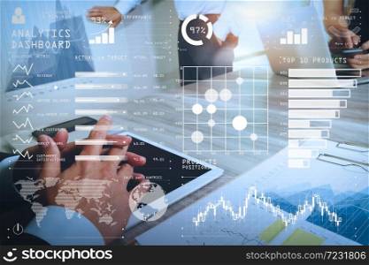 Intelligence (BI) and business analytics (BA) with key performance indicators (KPI) dashboard concept.business documents on office table with smart phone and laptop computer and graph business with social network diagram