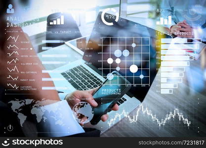 Intelligence (BI) and business analytics (BA) with key performance indicators (KPI) dashboard concept.Businessman making presentation using smart phone with his colleagues and business tablet digital computer.