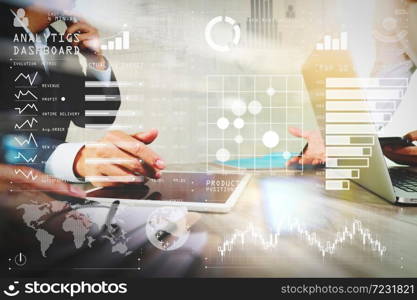 Intelligence (BI) and business analytics (BA) with key performance indicators (KPI) dashboard concept.Businessman making presentation with his colleagues and business strategy.