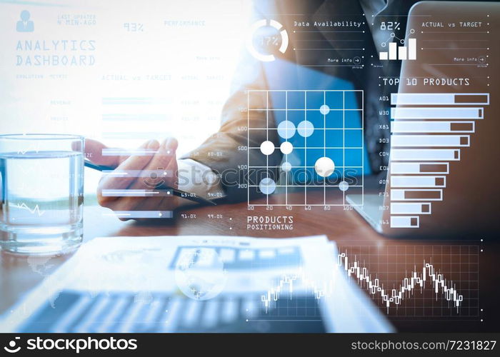 Intelligence (BI) and business analytics (BA) with key performance indicators (KPI) dashboard concept.business man hand working on laptop computer with business graph information diagram on wooden desk.