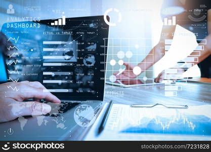 Intelligence (BI) and business analytics (BA) with key performance indicators (KPI) dashboard concept.Businessman hand making presentation with his colleagues and business strategy.