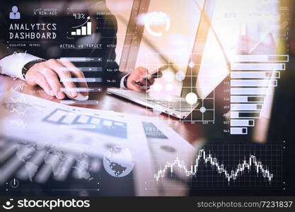 Intelligence (BI) and business analytics (BA) with key performance indicators (KPI) dashboard concept.business documents on office table with smart phone and laptop computer and graph business with social network diagram.