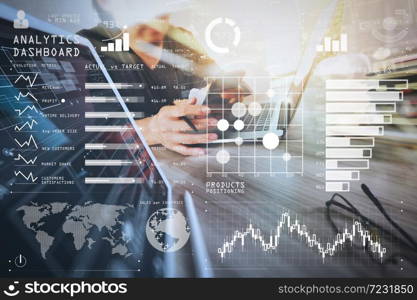 Intelligence (BI) and business analytics (BA) with key performance indicators (KPI) dashboard concept.Website designer working digital tablet and computer laptop with smart phone and digital design.