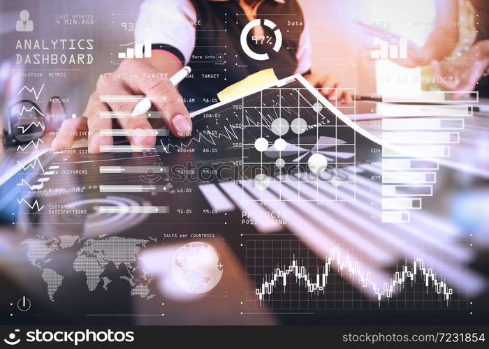 Intelligence (BI) and business analytics (BA) with key performance indicators (KPI) dashboard concept.business documents on office table with smart phone and digital tablet and graph business with social network.