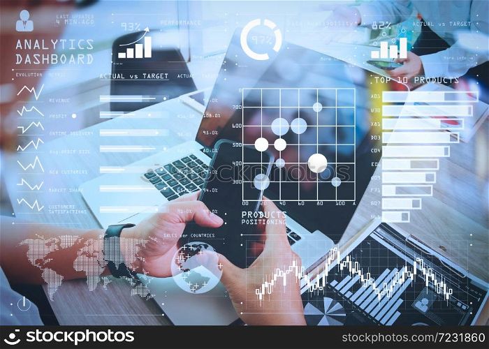 Intelligence (BI) and business analytics (BA) with key performance indicators (KPI) dashboard concept.business documents on office table with smart phone and laptop computer and graph business.