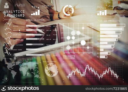 Intelligence (BI) and business analytics (BA) with key performance indicators (KPI) dashboard concept.Website designer working digital tablet and computer laptop with smart phone and digital design diagram.