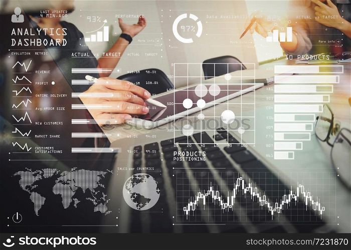 Intelligence (BI) and business analytics (BA) with key performance indicators (KPI) dashboard concept.business documents on office table with smart phone and laptop computer and graph business with social network.
