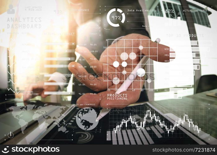 Intelligence (BI) and business analytics (BA) with key performance indicators (KPI) dashboard concept.businessman working with digital tablet computer and smart phone with digital business strategy.