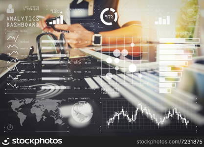 Intelligence (BI) and business analytics (BA) with key performance indicators (KPI) dashboard concept.business documents on office table with smart phone and digital tablet and graph business with social network.