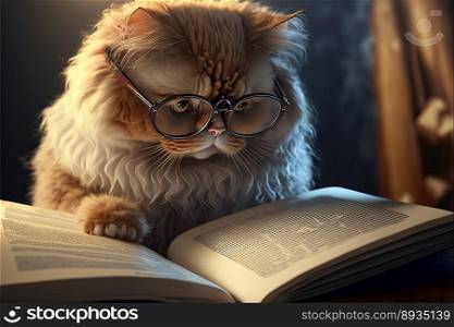 Intelligent cat wearing glasses and reading a book. Generative AI