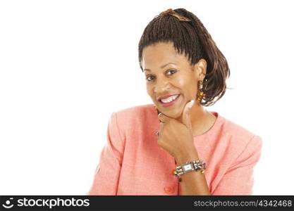 Intelligent, flirty african american businesswoman. Isolated on white background.