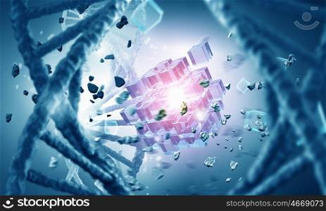 Interaction of science and technology. Technology concept with DNA molecule and cube figure