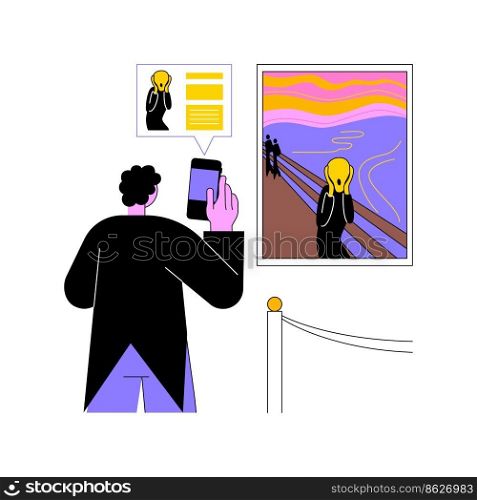 Interactive gallery isolated cartoon vector illustrations. Young spectator man takes photo of interactive gallery paintings, museum exhibition, augmented reality art vector cartoon.. Interactive gallery isolated cartoon vector illustrations.