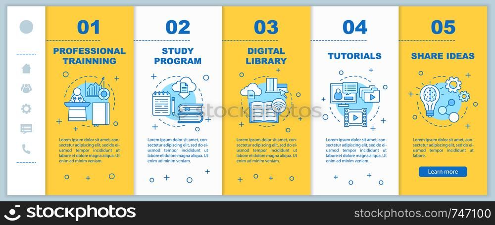 Interactive training onboarding mobile web pages vector template. Online education. Study program, library, tutorials, share. Responsive smartphone website interface. Webpage walkthrough step screens. Interactive training onboarding mobile web pages vector template