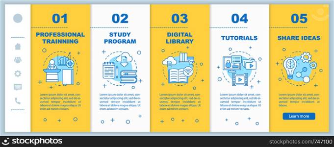 Interactive training onboarding mobile web pages vector template. Online education. Study program, library, tutorials, share. Responsive smartphone website interface. Webpage walkthrough step screens. Interactive training onboarding mobile web pages vector template