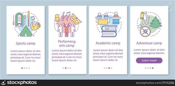 Interest, hobby camps onboarding mobile app page screen with linear concepts. Talent club, community walkthrough steps graphic instructions. UX, UI, GUI vector template with illustrations