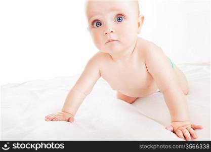 interested child on white fabric