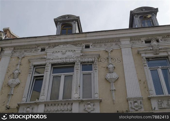 Interesting old building facade in Ruse - beauty town with varied style West-European architecture, Bulgaria, Europe