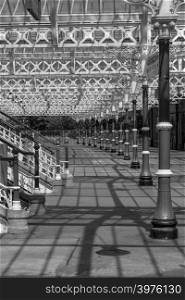 Interesting patterns of strucures and their shadows at Tynemouth Station in black and white