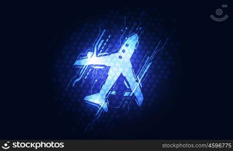 Interface blue airplane icon. Glowing airplane icon on dark technology background