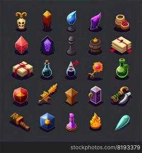 interface rpg 2d game icons ai generated. object effect, gem gui, element symbol interface rpg 2d game icons illustration. interface rpg 2d game icons ai generated