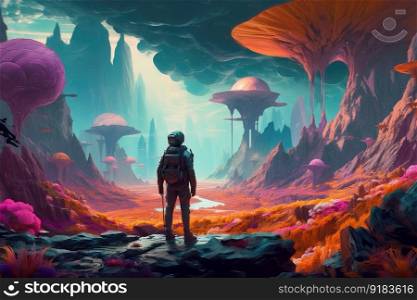 intergalactic traveler, taking in the views of a strange new world, with bright and colorful alien landscapes in the background, created with generative ai. intergalactic traveler, taking in the views of a strange new world, with bright and colorful alien landscapes in the background