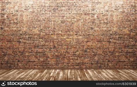 Interior background,empty room with brick wall and wooden floor 3d render