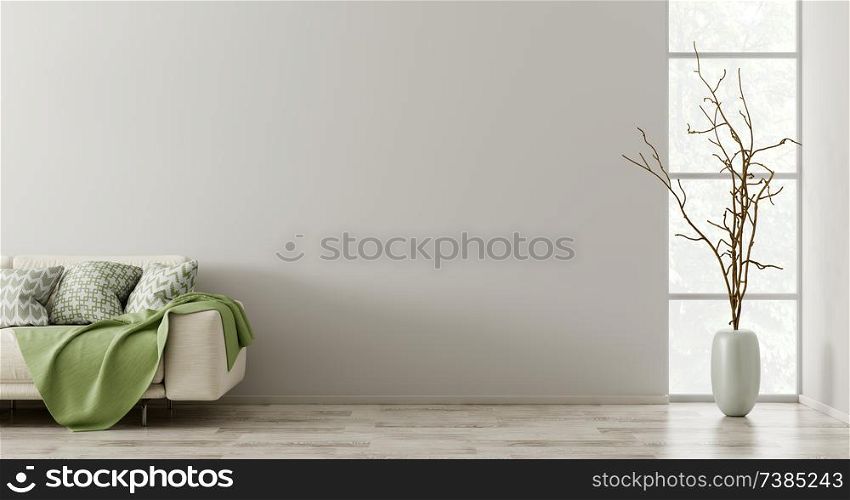 Interior background, living room with sofa, vase with branch and window 3d rendering