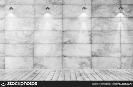 Interior background of a room with concrete tiled wall, beton floor and wall lights 3d rendering